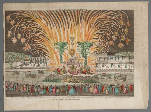 Ornamentprent. Decoration du Feu d’Artifice et de l’Illumination de la place de Louis XV.